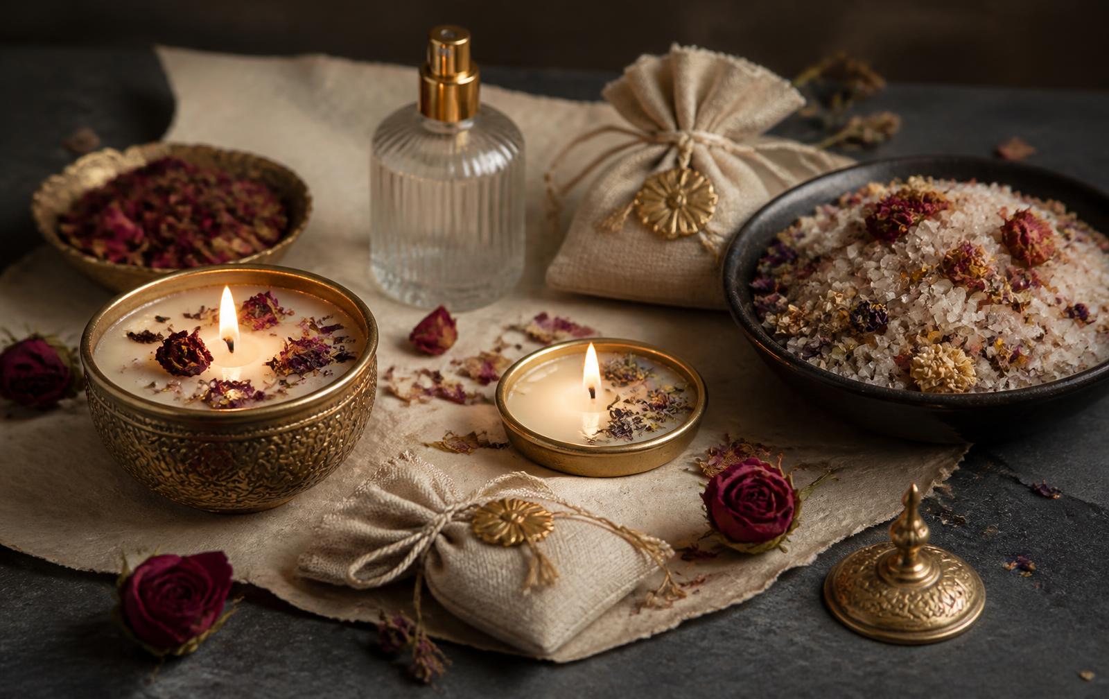 Velas aromáticas, sachês de linho, bruma perfumada e sais de escalda-pés sobre papel artesanal